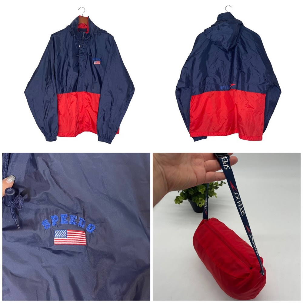 SPEEDO USA Mens VTG Packable Hooded Full Zip Windbreaker Jacket USA Flag SIze M